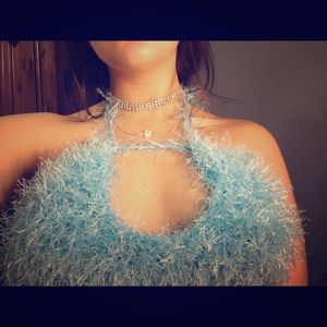 Baby blue fuzzy crochet crop top